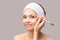 Beautician skin care. Face pencil make up. Facial treatment. Woman dermatology