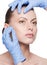 Beautician touch and exam health woman face