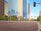 Beautifil city street asphalt road with traffic light high skyscraper modern cityscape sunshine background flat