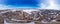 Beautiful 360 degree aerial panoramic view of winter countryside landscape. Snow-covered agricultural fields near Karnobat.