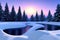 Beautiful 3D Nature and landscape wallpaper of a winter morning, ice pine trees, and a river view, ambient calm nature, ai generat