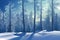 Beautiful 3D Nature and landscape wallpaper of a winter morning, ice pine trees, sunshine view, ambient calm nature, ai generative