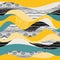 Beautiful abstract hills in yellow, aquamarine and black and white colors. Landscape in Japanese style. Seamless pattern