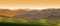 Beautiful abstract landscape with green hills in the early morning. Horizontal vector banner design with inspiring natural scenic