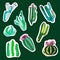 Beautiful abstract lovely mexican tropical floral herbal summer green set of a cactus paint like child stickers on dark green back