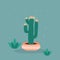 Beautiful abstract single Saguaro cactus tree plant with cute blooms inside pottery flower pot and some bushes on textured teal