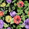Beautiful abutilon flowers on climbing twigs on black background. Seamless floral pattern. Watercolor painting.