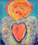 Beautiful acrylic painting on canvas of a mysterious angel in red heart surrounded by abstract wing. Hand drawn portrait