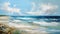 A beautiful acrylic painting of an ocean beach scene, with the emerald coast city in the background. The wind is blowing and the