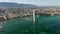 Beautiful Aerial drone flight over fontain Jet D`Eau at Geneve lake, Geneva Switzerland, 4k.