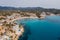 Beautiful aerial drone view shot of Peguera town on rocky Mediterranean cliff coast with cozy tranquil turquoise bays washed with