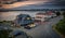 Beautiful aerial of Edgewater Restaurant and Old Coastguard Building in Bandon, Oregon.