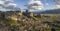 Beautiful aerial evening panorama of Meteora rock pillars and town of Kastraki