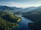 Beautiful aerial landscape of massive river flowing through dense green forest.