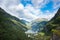 Beautiful aerial landscape view Geiranger village, harbor and fjord in More og Romsdal county in Norway