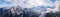 beautiful aerial panorama of glorious snowy Caucasus mountains, Kazbegi, Georgia.