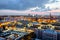 Beautiful aerial panorama of Riga center and Vansu, railroad bridges over Daugava river during amazing sunset. View of illuminated