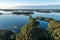 Beautiful aerial panorama of the Saimaa lake areas and boreal forests in Finland