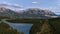 Beautiful aerial panoramic view over Bow Valley with city Canmore, Canada in the Rocky Mountains with reservoir Rundle Forebay.