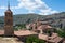 Beautiful aerial view of Albarracin, an ancient village of Teruel, seen from its fortress. Traditional buildings of stone, church,