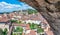 Beautiful aerial view of Bergamo Alta cityscape framed by wall,