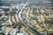 Beautiful aerial view of city homes along canal