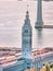 Beautiful aerial view from Coit Tower of the ferry port tower building in San Francisco, the famous American city. Photo edited in