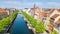 Beautiful aerial view of Copenhagen skyline from above, Nyhavn historical pier port and canal with color buildings and boats