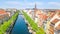 Beautiful aerial view of Copenhagen skyline from above, Nyhavn historical pier port and canal with color buildings and boats