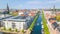 Beautiful aerial view of Copenhagen skyline from above, Nyhavn historical pier port and canal with color buildings and boats