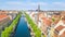 Beautiful aerial view of Copenhagen skyline from above, Nyhavn historical pier port and canal with color buildings and boats