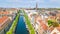 Beautiful aerial view of Copenhagen skyline from above, Nyhavn historical pier port and canal with color buildings and boats
