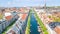 Beautiful aerial view of Copenhagen skyline from above, Nyhavn historical pier port and canal, Copenhagen, Denmark