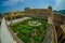 Beautiful aerial view of the garden of amber fort in Jaipur, India, Fish eye effect