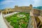 Beautiful aerial view of the garden of amber fort in Jaipur, India, Fish eye effect