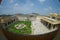 Beautiful aerial view of the garden of amber fort and rooftop in Jaipur, India, fish eye effect