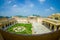 Beautiful aerial view of the garden of amber fort and rooftop in Jaipur, India, fish eye effect