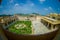 Beautiful aerial view of the garden of amber fort and rooftop in Jaipur, India, fish eye effect