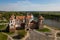 Beautiful aerial view of Medieval Mir castle complex on sunny sp