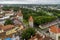 Beautiful aerial view of the medieval towers of Tallinn, Estonia, from the top of the St. Olav`s Church bell tower