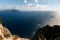 Beautiful aerial view of Napoli gulf from Capri island, with boat trails on the water