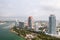 Beautiful aerial view overlooking South Pointe Park and high-rise condominiums on Miami Beach with Government Cut and Meloy