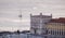 Beautiful aerial view of the Praca do Comercio Commerce Square and Tejo river at sunset time. Lisbon