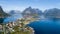 Beautiful aerial view of Reine, Lofoten, Norway, sunny arctic summer