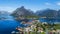 Beautiful aerial view of Reine, Lofoten, Norway, sunny arctic summer