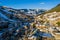 Beautiful aerial view of the ski resort village and mighty Alps