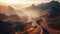 Beautiful aerial view of winding mountain road in the misty morning