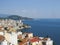 Beautiful Aero-view of the old Greek city with red tiled roofs and solar panels