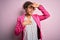 Beautiful african american businesswoman wearing jacket and glasses over pink background Touching forehead for illness and fever,