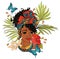 Beautiful African American woman with palm leaves, butterflies and tropical flowers